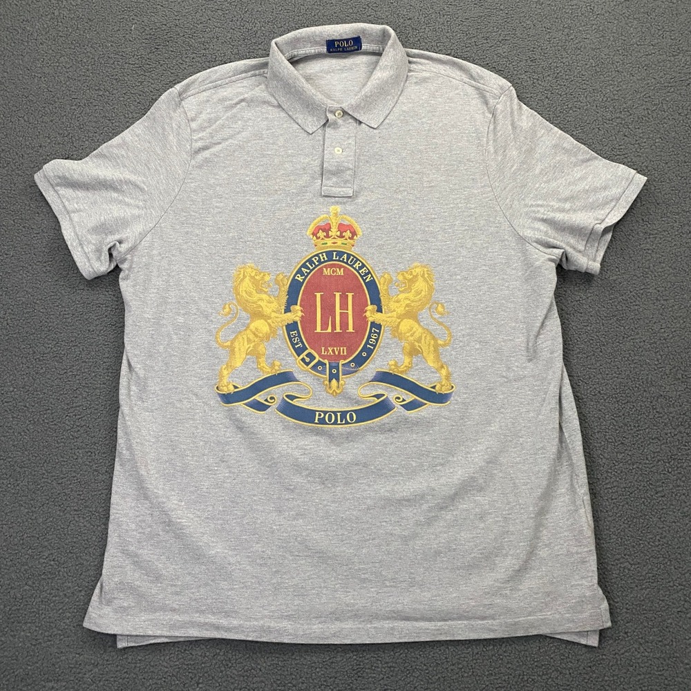 Polo Ralph Lauren Polo Shirt FITS as XL Gray Crest Graphic Landon Classic Fit
